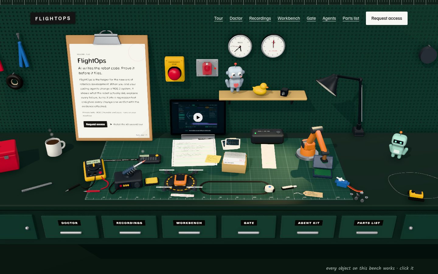The FlightOps bench: a README clipboard, tools and robots on a green cutting mat.